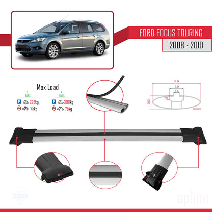 Compatible avec Ford Focus 2 (C307) Turnier 2008-2010 FLY Model Barres de Toit Railing Porte-Bagages de Voiture Gris Aluminium 3 Barres