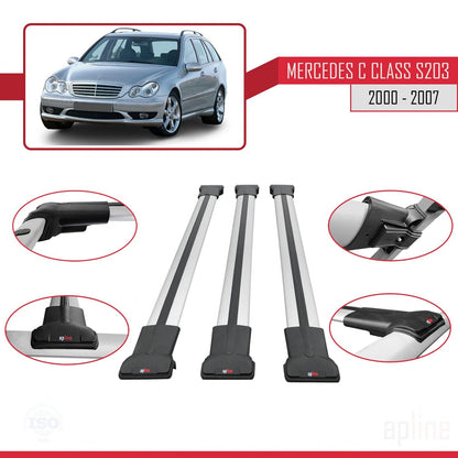 Compatible avec Mercedes Classe C 2 (S203) 2000-2007 FLY Model Barres de Toit Railing Porte-Bagages de Voiture Gris Aluminium 3 Barres