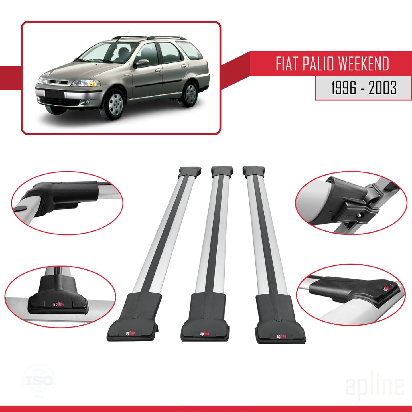 Compatible avec Fiat Palio (178) Weekend 1996-2003 FLY Model Barres de Toit Railing Porte-Bagages de Voiture Gris Aluminium 3 Barres