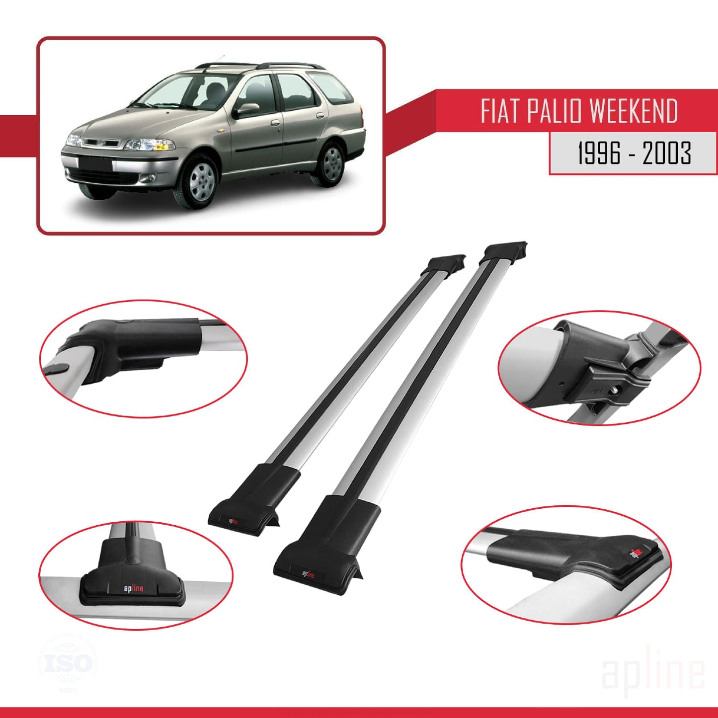 Compatible avec Fiat Palio (178) Weekend 1996-2003 FLY Model Barres de Toit Railing Porte-Bagages de Voiture Gris Aluminium 2 Barres