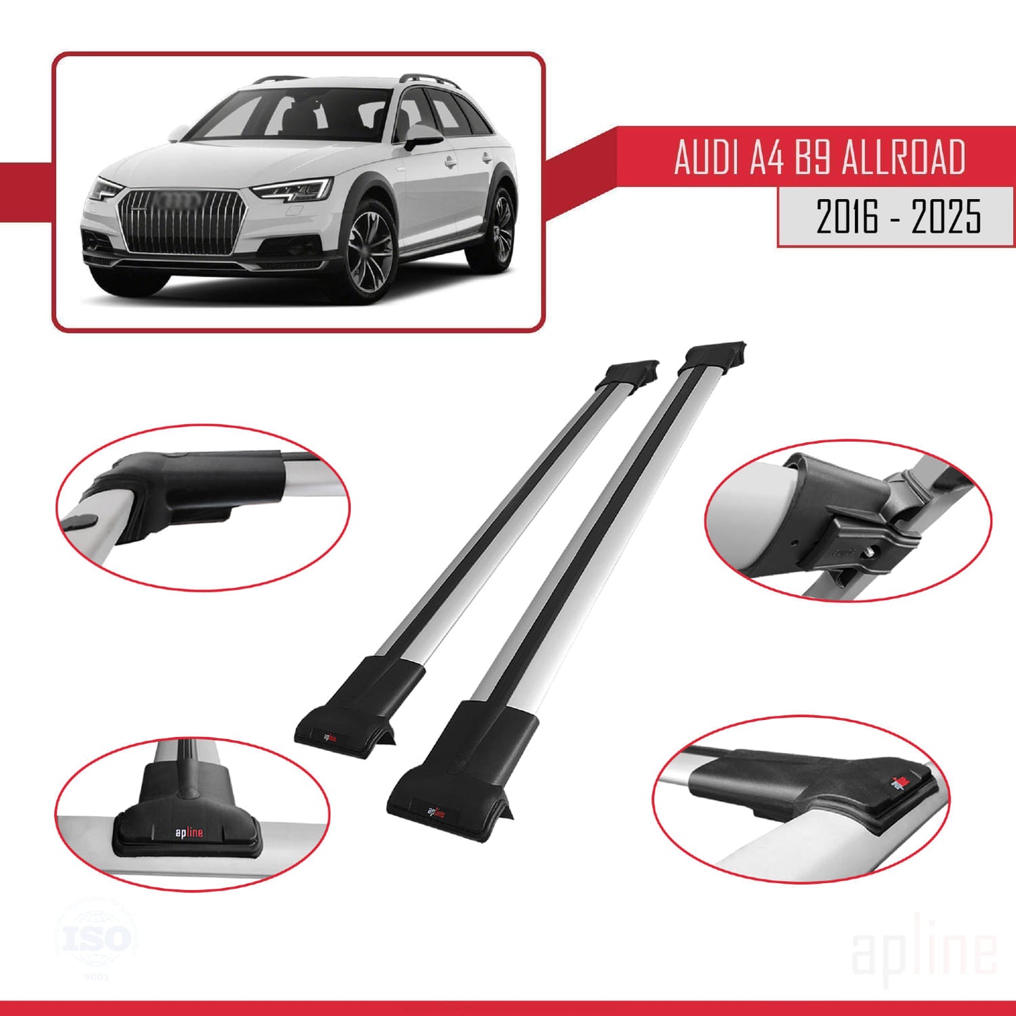 Compatible avec A4 (B9) Allroad 2016-2025 FLY Model Barres de Toit Railing Porte-Bagages de Voiture Gris Aluminium 2 Barres