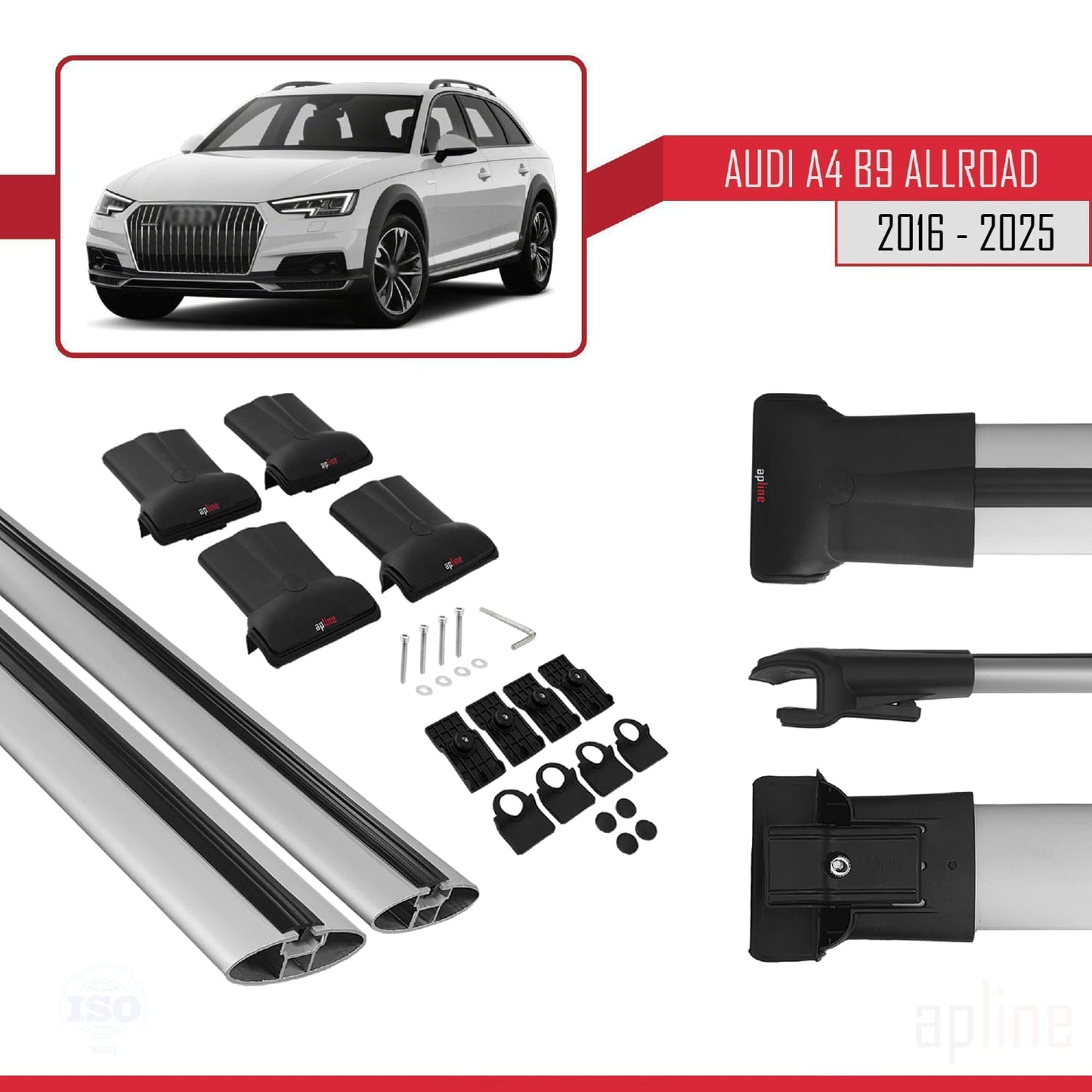 Compatible avec A4 (B9) Allroad 2016-2025 FLY Model Barres de Toit Railing Porte-Bagages de Voiture Gris Aluminium 2 Barres