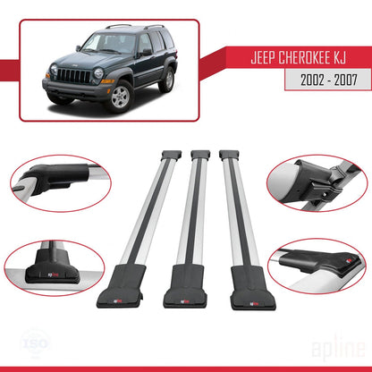 Compatible avec Jeep Cherokee 3 (KJ) 2002-2007 FLY Model Barres de Toit Railing Porte-Bagages de Voiture Gris Aluminium 3 Barres