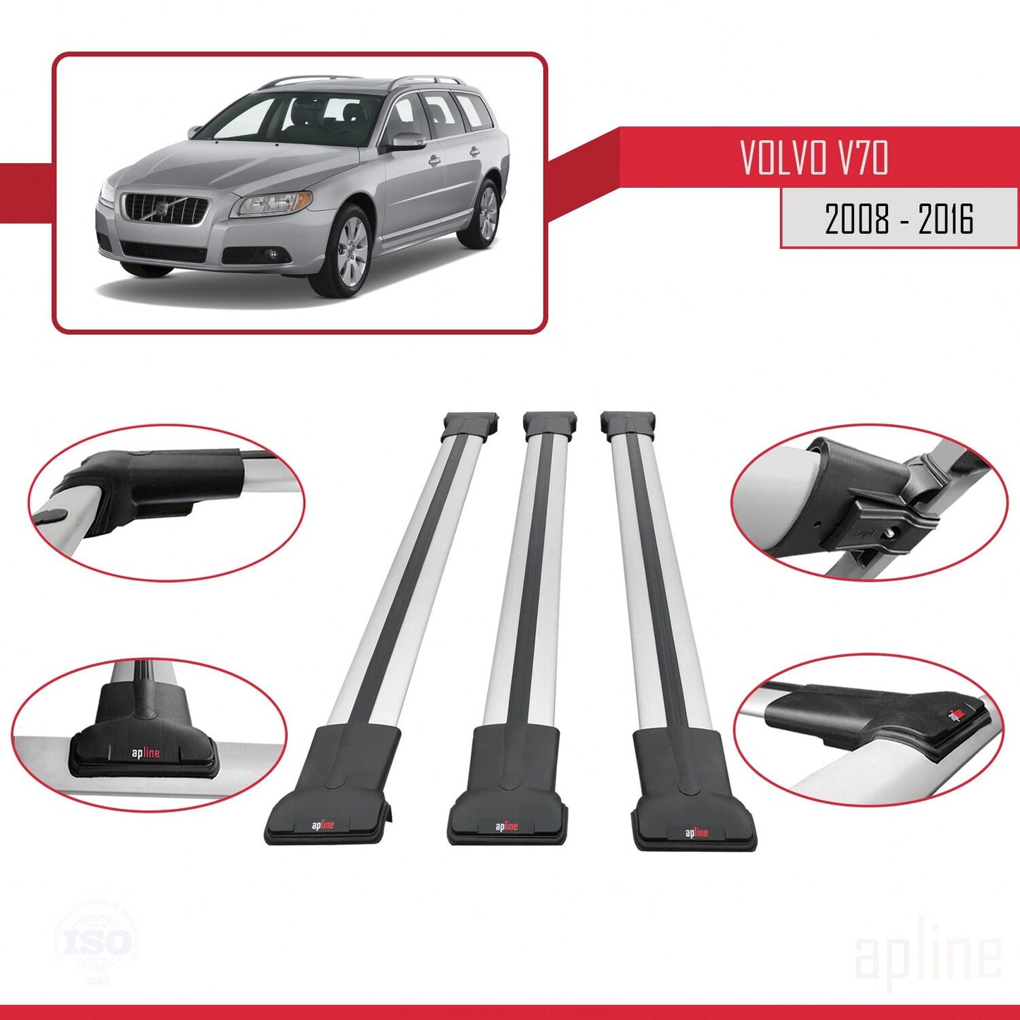 Compatible avec Volvo V70 III 2008-2016 FLY Model Barres de Toit Railing Porte-Bagages de Voiture Gris Aluminium 3 Barres