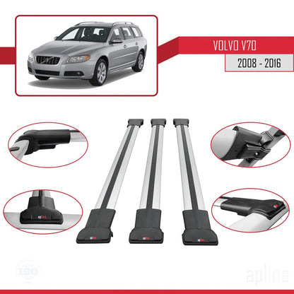Compatible avec Volvo V70 III 2008-2016 FLY Model Barres de Toit Railing Porte-Bagages de Voiture Gris Aluminium 3 Barres