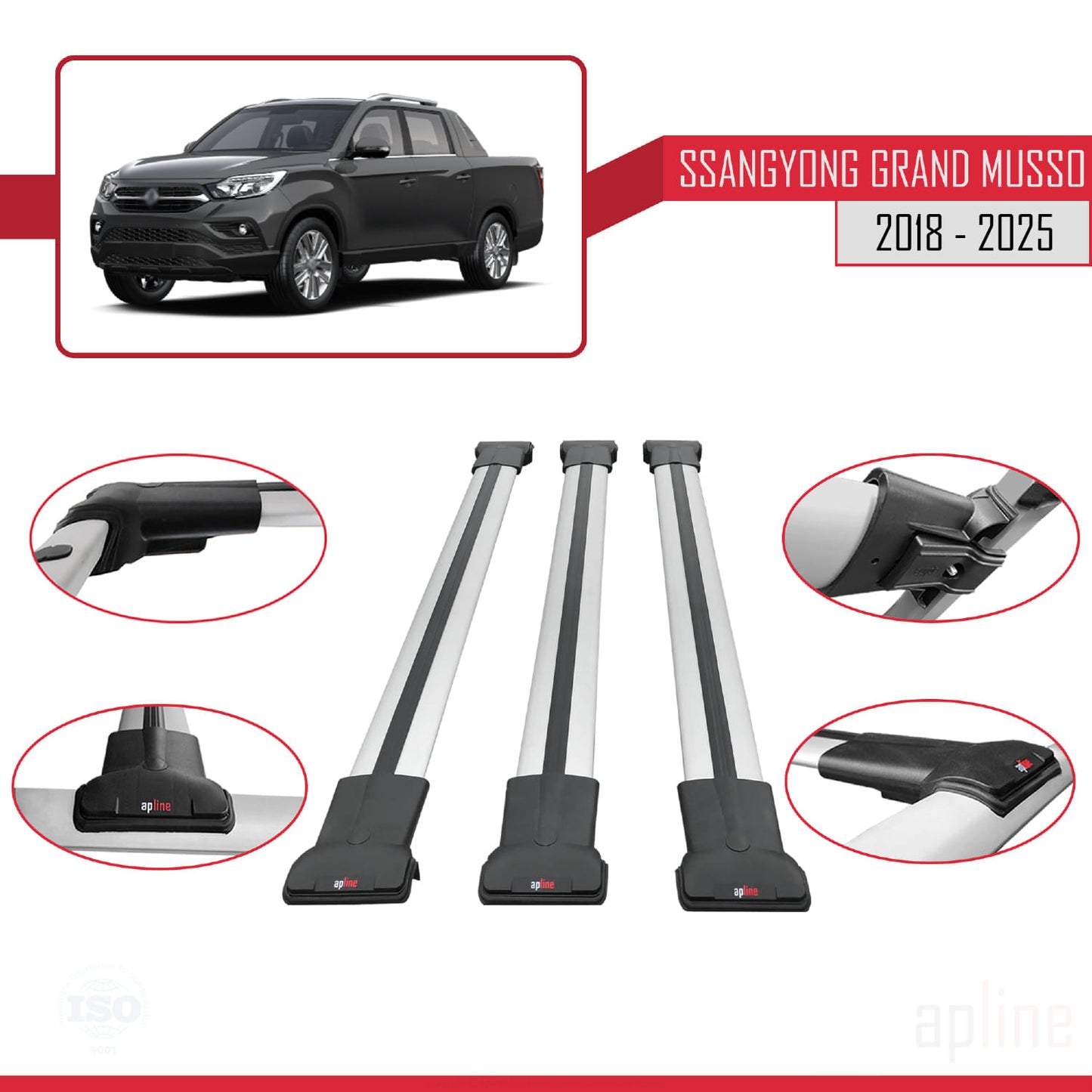 Compatible avec Ssangyong Grand Musso 2018-2025 FLY Model Barres de Toit Railing Porte-Bagages de Voiture Gris Aluminium 3 Barres