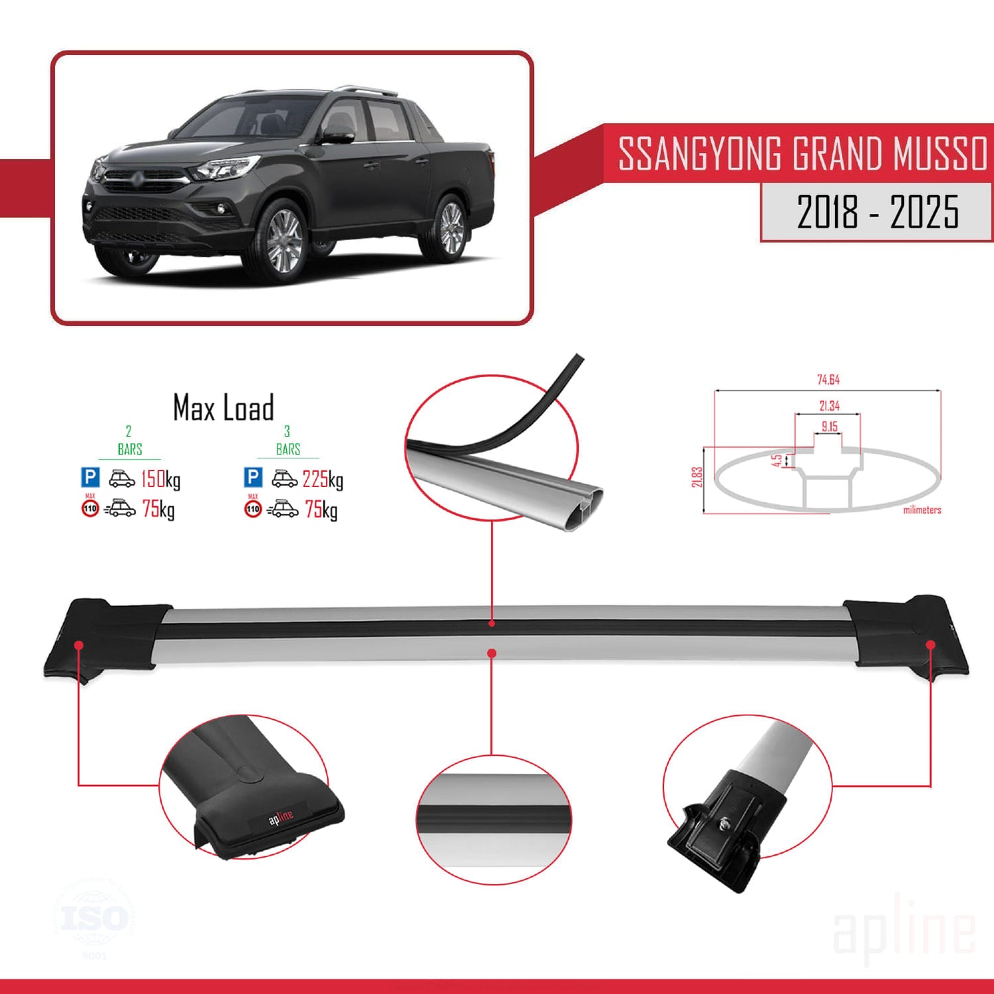 Compatible avec Ssangyong Grand Musso 2018-2025 FLY Model Barres de Toit Railing Porte-Bagages de Voiture Gris Aluminium 2 Barres