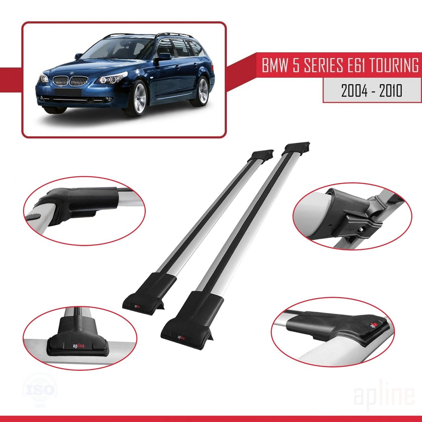 Compatible avec BMW Série 5 (E61) Touring 2004-2010 FLY Model Barres de Toit Railing Porte-Bagages de Voiture Gris Aluminium 2 Barres