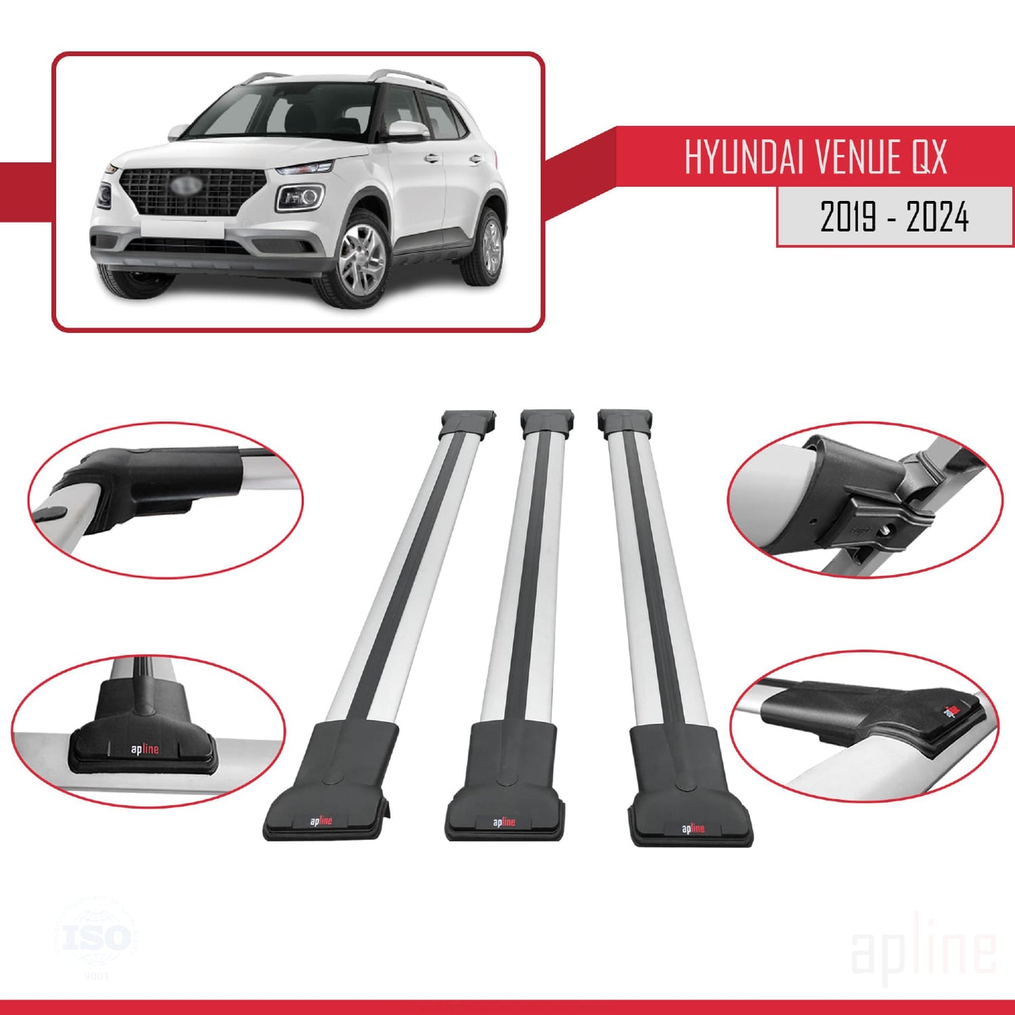 Compatible avec Hyundai Venue (QX) 2019-2024 FLY Model Barres de Toit Railing Porte-Bagages de Voiture Gris Aluminium 3 Barres
