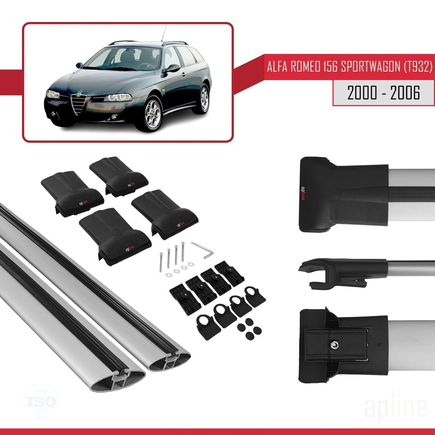 Compatible avec Alfa Romeo 156 (T932) Break 2000-2006 FLY Model Barres de Toit Railing Porte-Bagages de Voiture Gris Aluminium 2 Barres