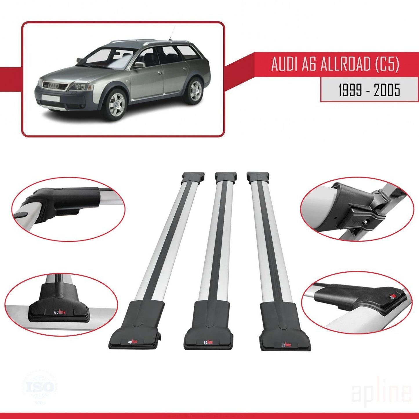 Compatible avec A6 (C5) Allroad 1999-2005 FLY Model Barres de Toit Railing Porte-Bagages de Voiture Gris Aluminium 3 Barres