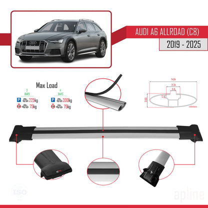 Compatible avec A6 (C8) Allroad 2019-2025 FLY Model Barres de Toit Railing Porte-Bagages de Voiture Gris Aluminium 3 Barres