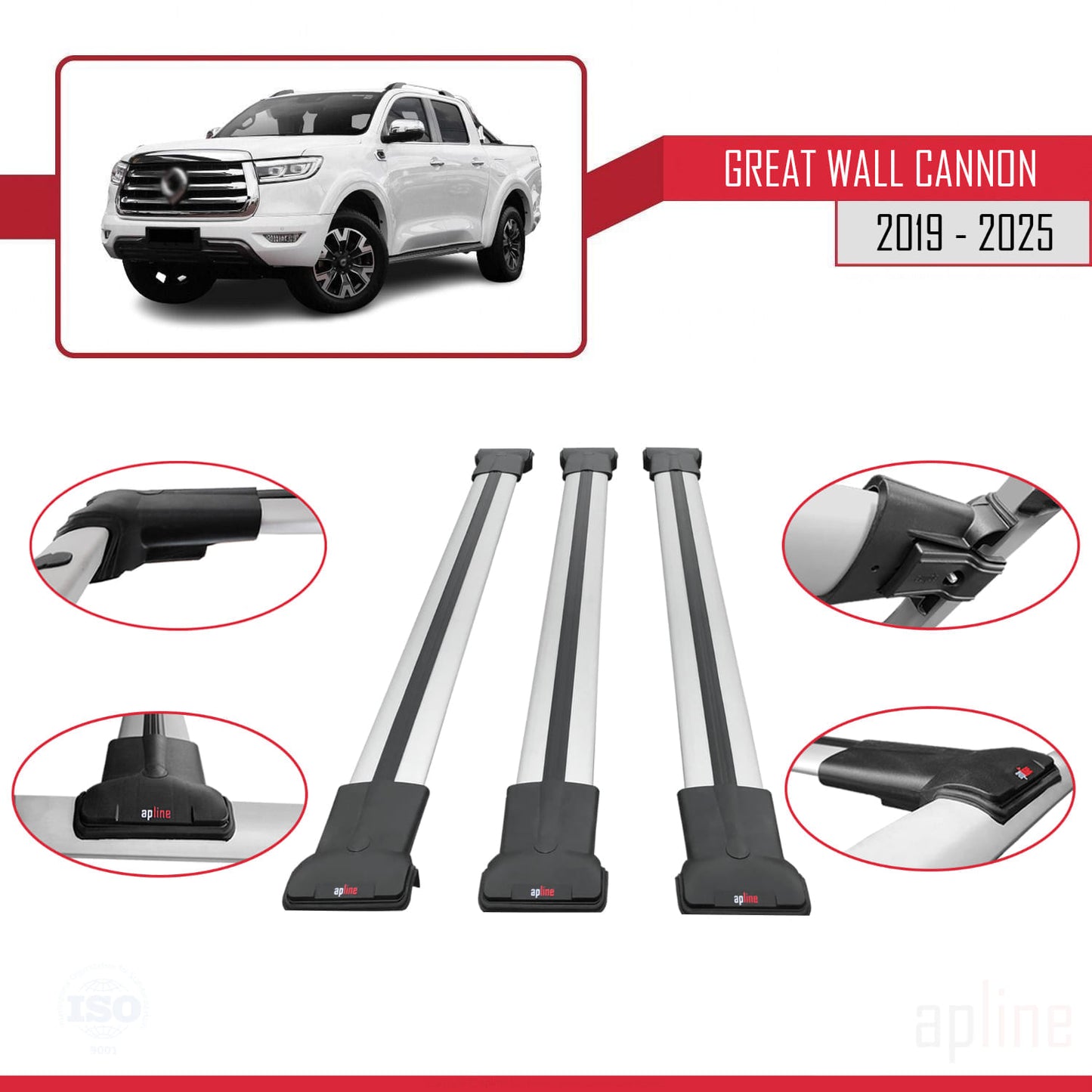 Compatible with Great Wall Cannon 2019-2025 FLY Model Car Roof Rack Cross Bar Grey Aluminium 3 Bars