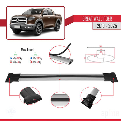 Compatible with Great Wall Poer 2019-2025 FLY Model Car Roof Rack Cross Bar Grey Aluminium 3 Bars