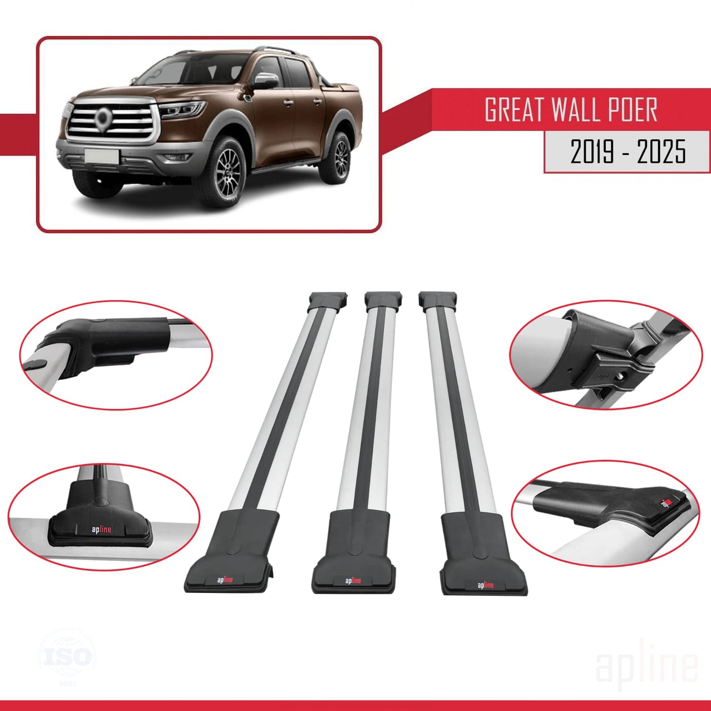 Compatible with Great Wall Poer 2019-2025 FLY Model Car Roof Rack Cross Bar Grey Aluminium 3 Bars
