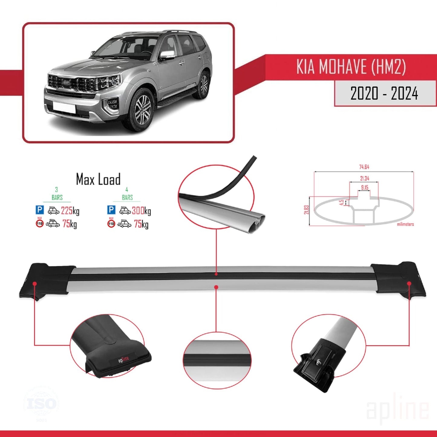 Compatible with Kia Mohave 2 (HM2) 2020-2024 FLY Model Car Roof Rack Cross Bar Grey Aluminium 3 Bars