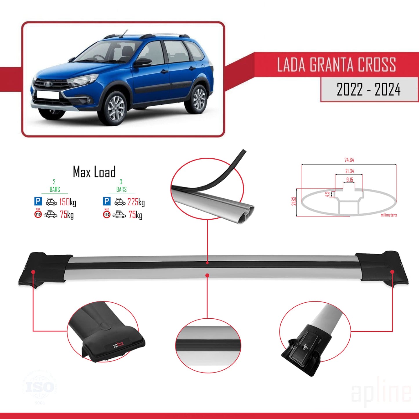 Compatible with Lada Granta Cross 2022-2024 FLY Model Car Roof Rack Cross Bar Grey Aluminium 2 Bars