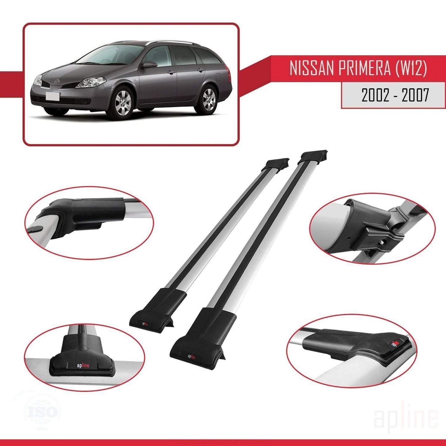 Compatible avec Nissan Primera 3 (W12) Traveller 2002-2007 FLY Model Barres de Toit Railing Porte-Bagages de Voiture Gris Aluminium 2 Barres