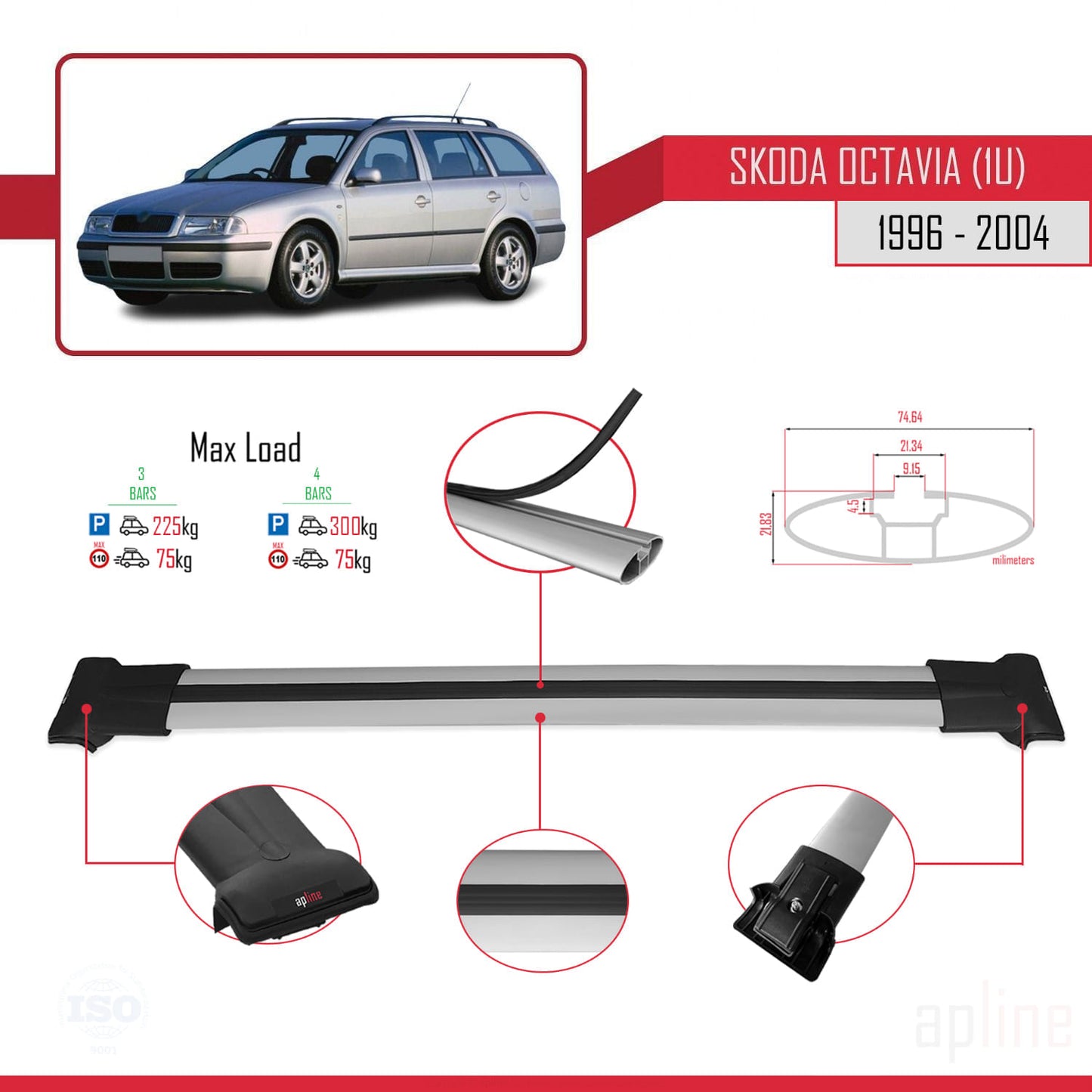 Compatible avec Skoda Octavia (1U) 1996-2004 FLY Model Barres de Toit Railing Porte-Bagages de Voiture Gris Aluminium 3 Barres
