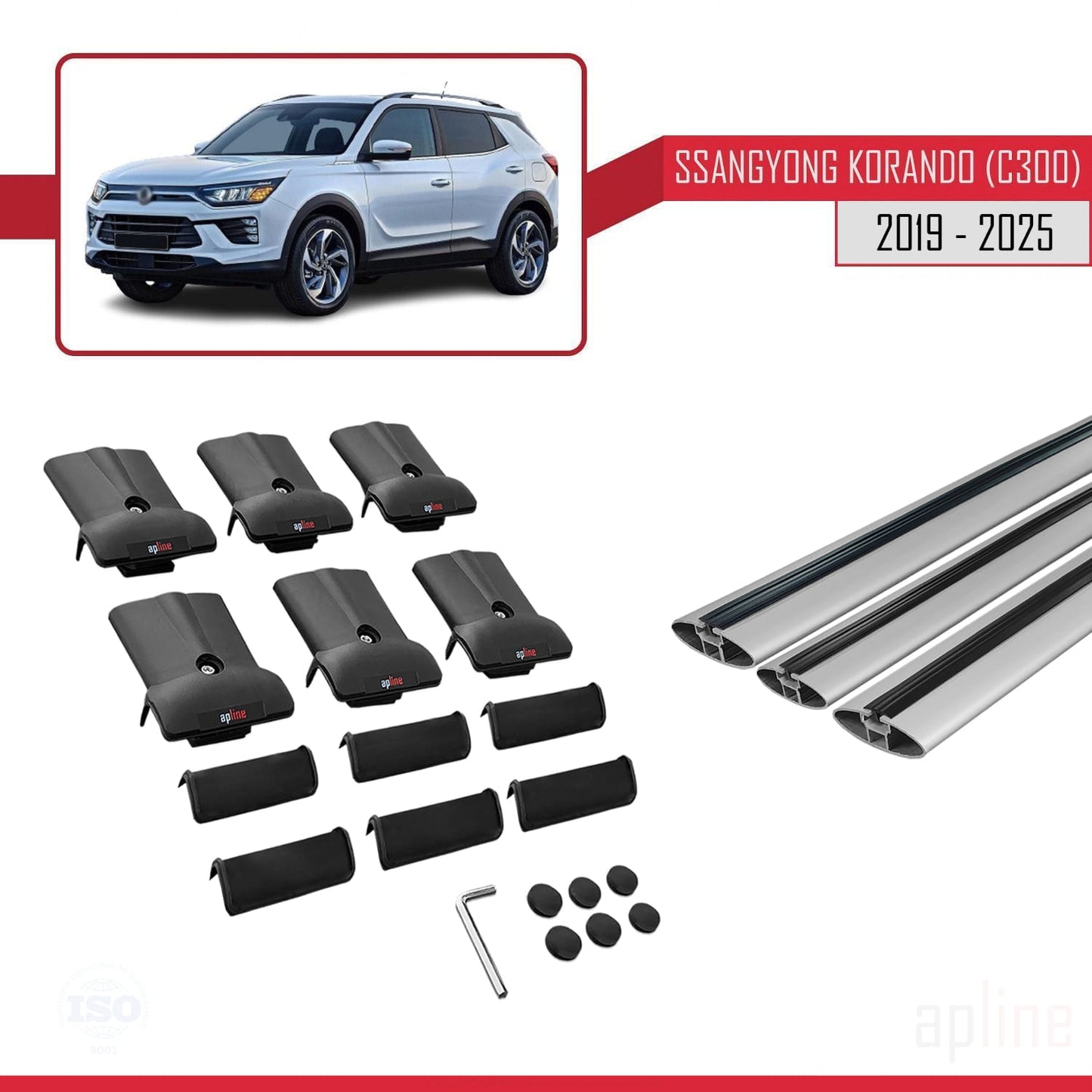 Compatible avec Ssangyong Korando 4 (C300) 2019-2025 FLY Model Barres de Toit Railing Porte-Bagages de Voiture Gris Aluminium 3 Barres