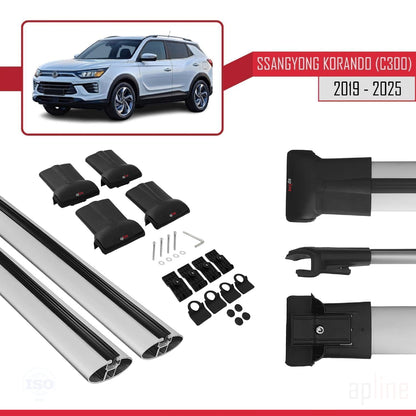 Compatible avec Ssangyong Korando 4 (C300) 2019-2025 FLY Model Barres de Toit Railing Porte-Bagages de Voiture Gris Aluminium 2 Barres