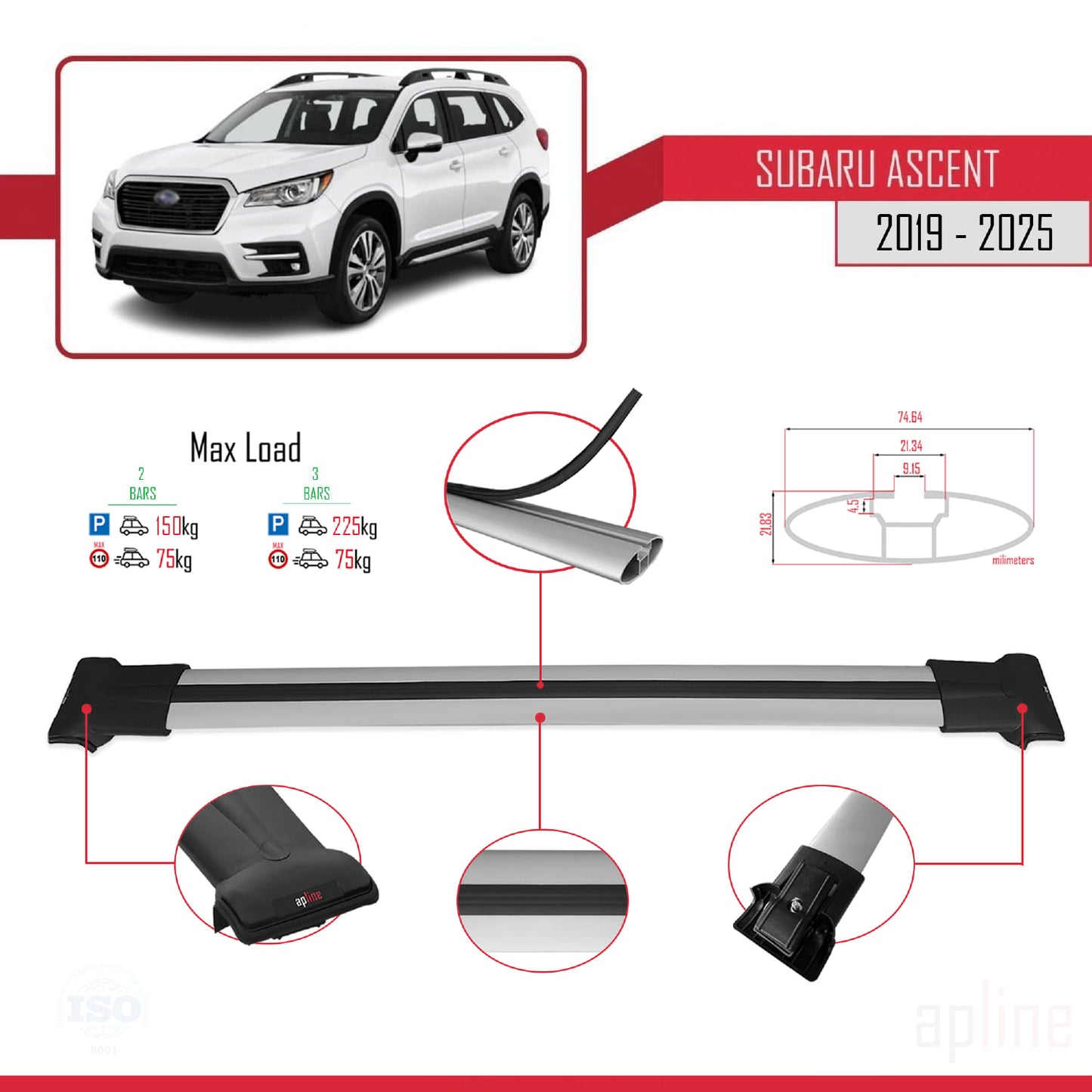 Compatible avec Subaru Ascent 2019-2025 FLY Model Barres de Toit Railing Porte-Bagages de Voiture Gris Aluminium 2 Barres