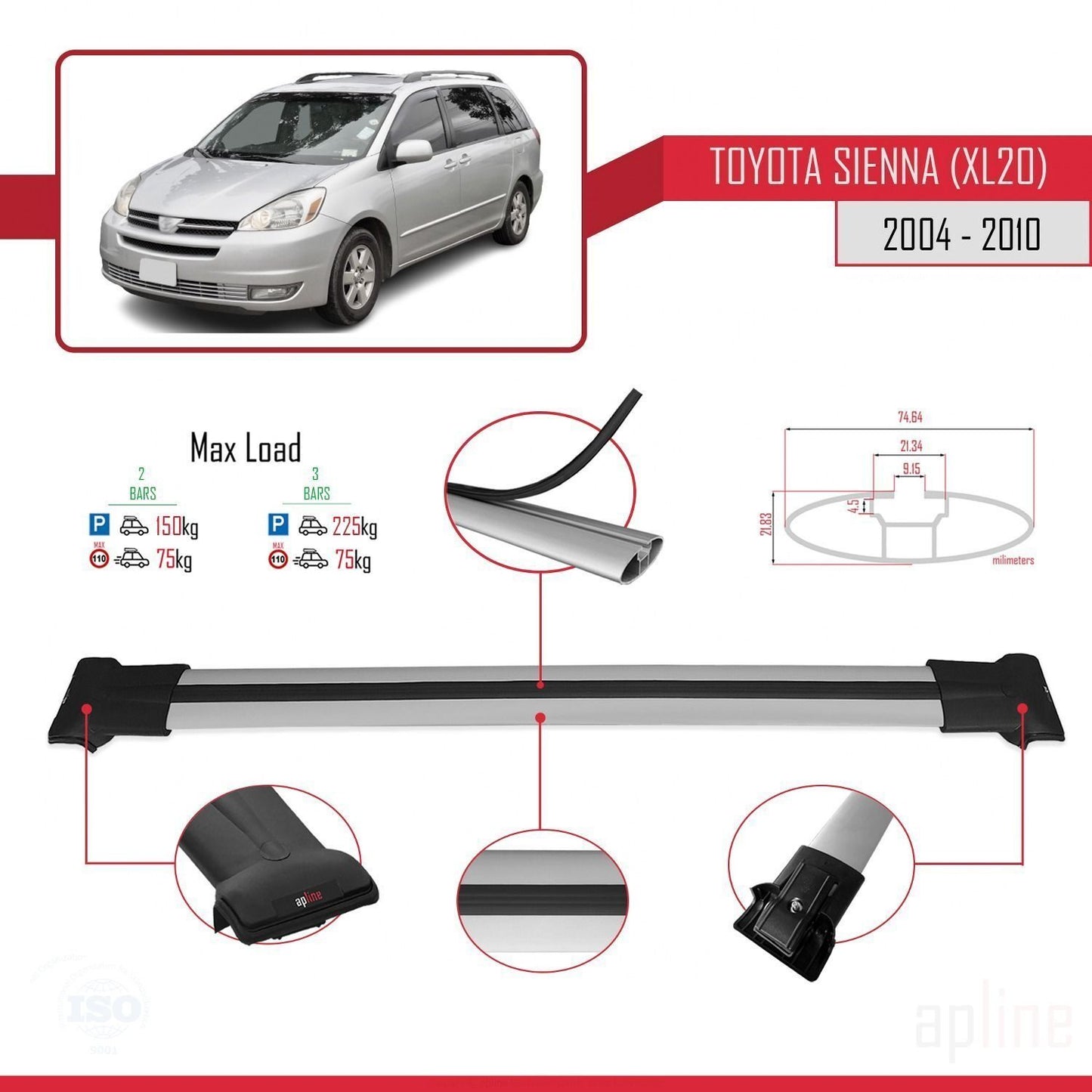 Compatible avec Toyota Sienna 2 (XL20) 2004-2010 FLY Model Barres de Toit Railing Porte-Bagages de Voiture Gris Aluminium 2 Barres