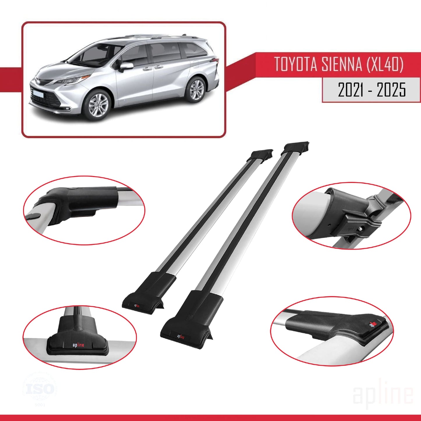 Compatible avec Toyota Sienna 4 (XL40) 2021-2025 FLY Model Barres de Toit Railing Porte-Bagages de Voiture Gris Aluminium 2 Barres
