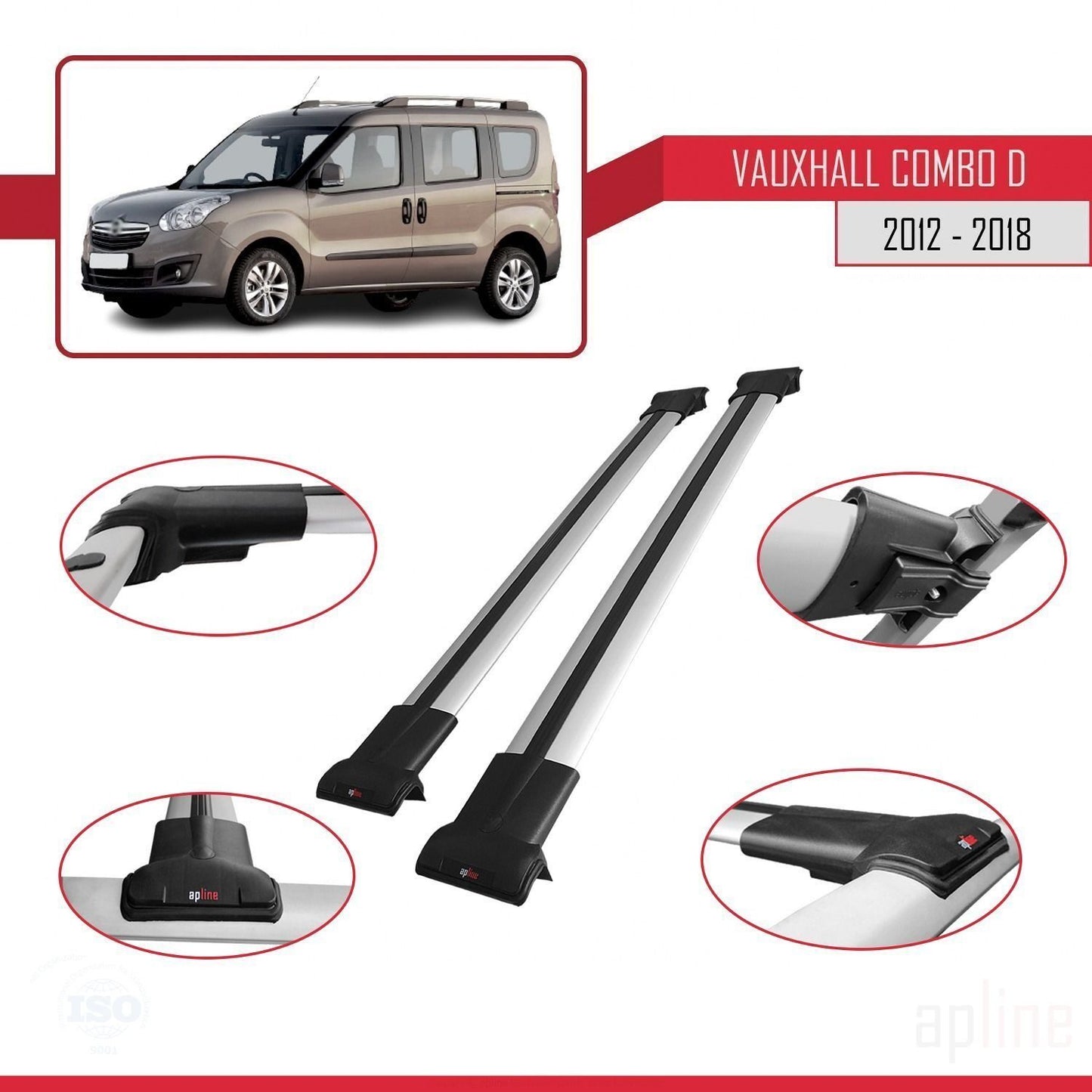 Compatible avec Vauxhall Combo D 2012-2018 FLY Model Barres de Toit Railing Porte-Bagages de Voiture Gris Aluminium 2 Barres