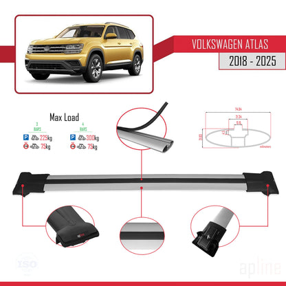 Compatible avec Volkswagen Atlas (CA1) 2018-2025 FLY Model Barres de Toit Railing Porte-Bagages de Voiture Gris Aluminium 3 Barres