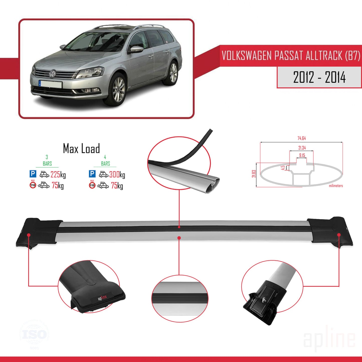 Compatible avec Volkswagen Passat B7 (3C) Alltrack 2012-2014 FLY Model Barres de Toit Railing Porte-Bagages de Voiture Gris Aluminium 3 Barres
