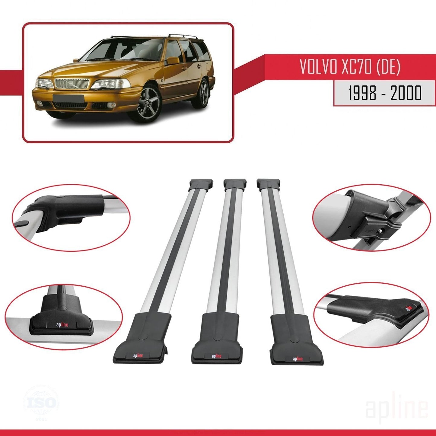 Compatible avec Volvo XC70 1998-2000 FLY Model Barres de Toit Railing Porte-Bagages de Voiture Gris Aluminium 3 Barres