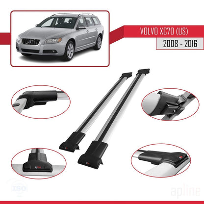 Compatible avec Volvo XC70 II (P24) 2008-2016 FLY Model Barres de Toit Railing Porte-Bagages de Voiture Gris Aluminium 2 Barres