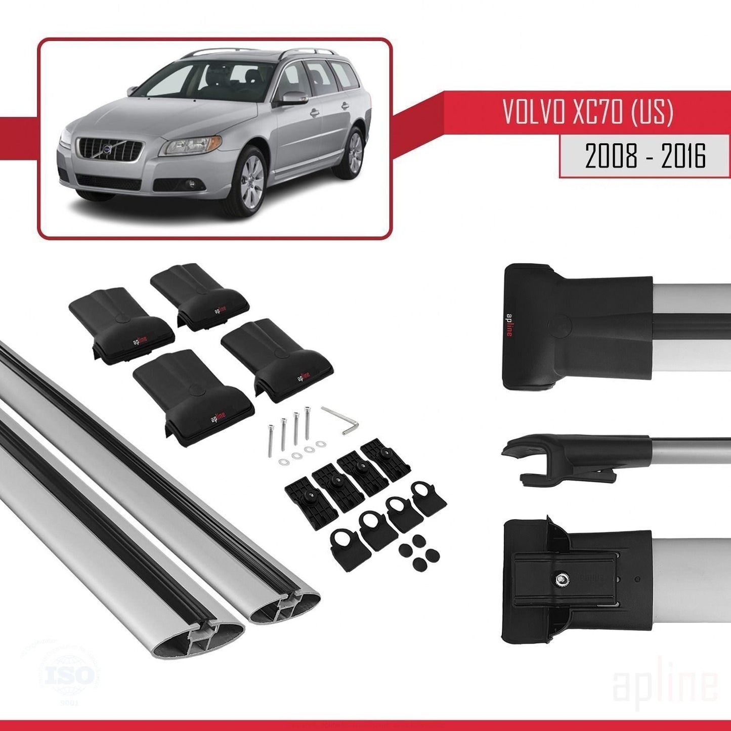 Compatible avec Volvo XC70 II (P24) 2008-2016 FLY Model Barres de Toit Railing Porte-Bagages de Voiture Gris Aluminium 2 Barres