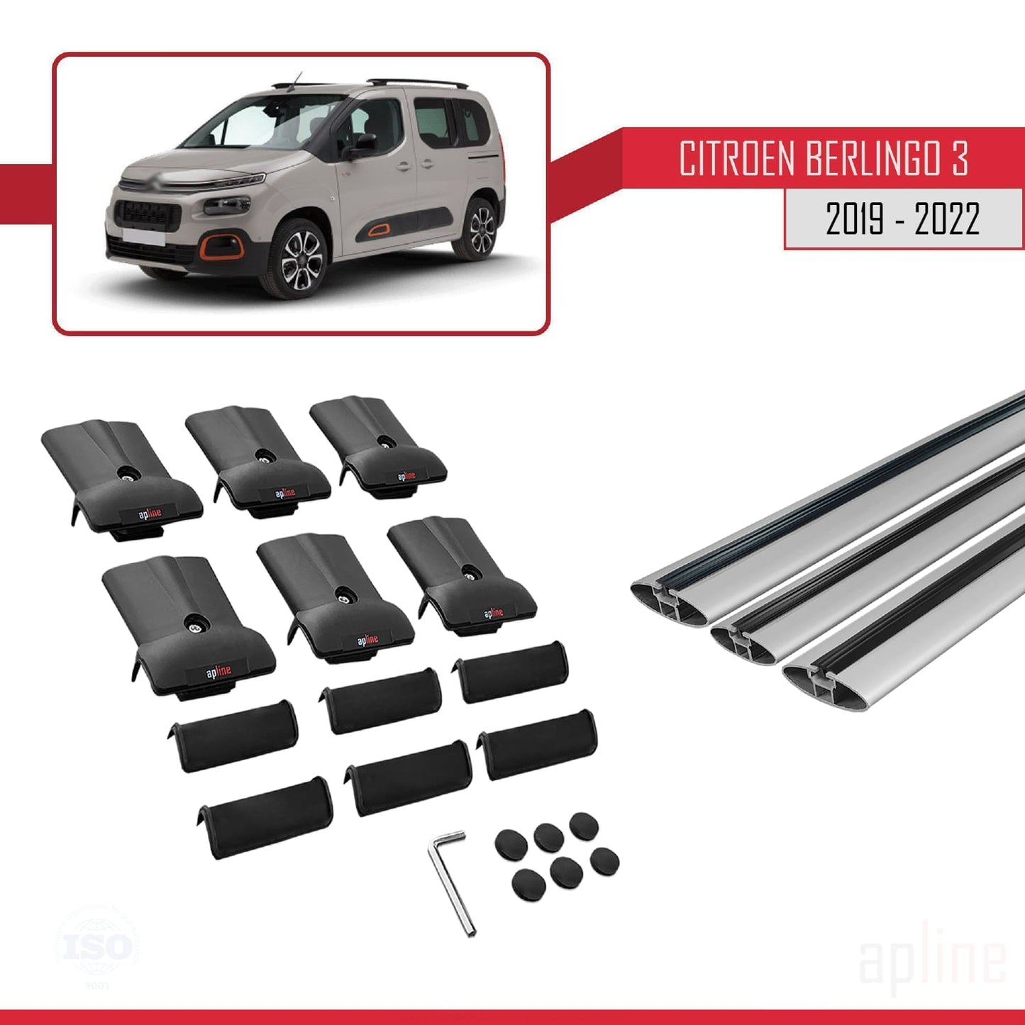 Compatible avec Citroen Berlingo 3 (K9) 2019-2022 FLY Model Barres de Toit Railing Porte-Bagages de Voiture Gris Aluminium 3 Barres