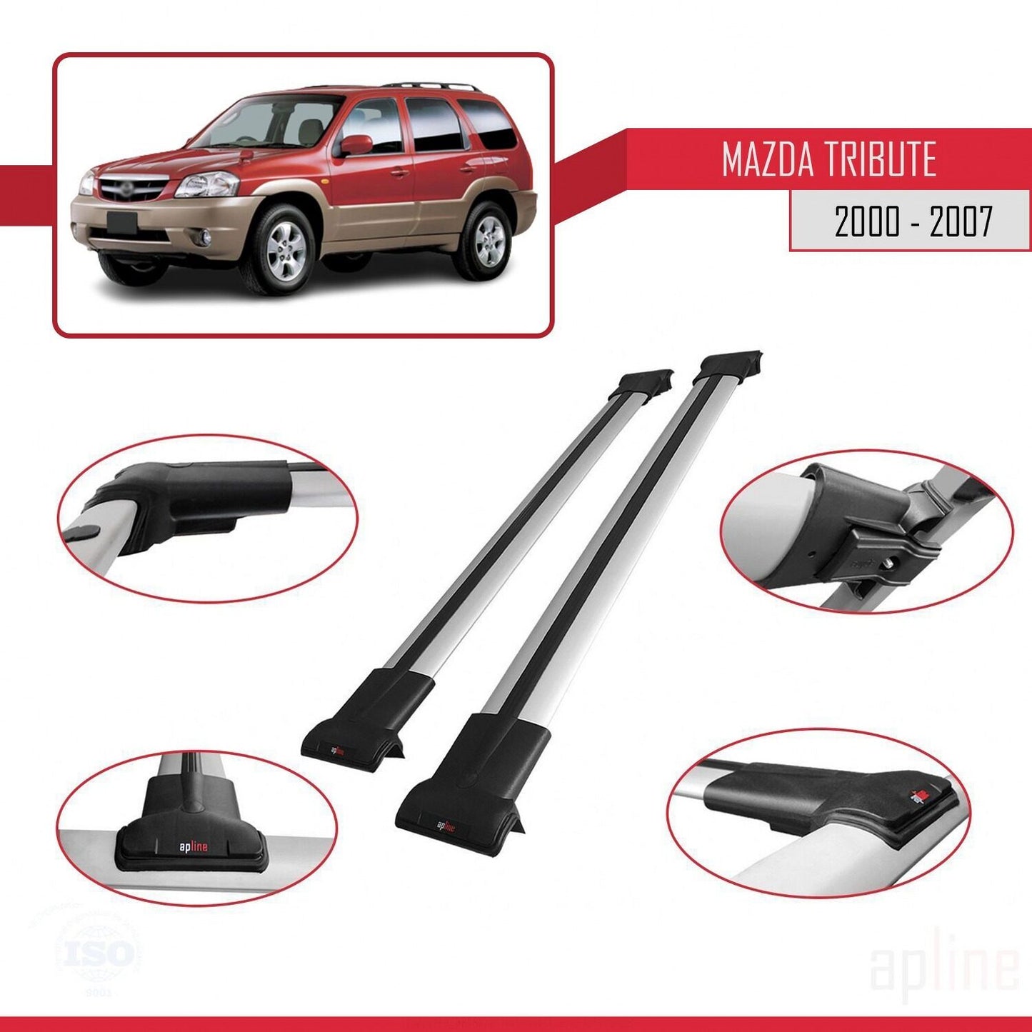 Compatible with Mazda Tribute 2000-2007 FLY Model Car Roof Rack Cross Bar Grey Aluminium 2 Bars