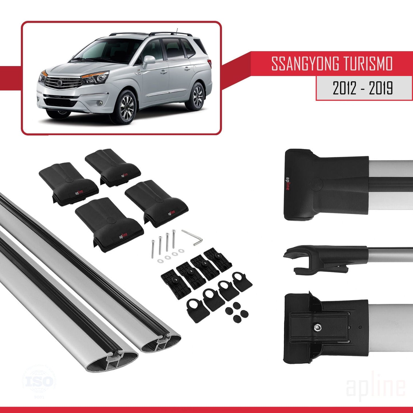 Compatible avec Ssangyong Turismo 2012-2019 FLY Model Barres de Toit Railing Porte-Bagages de Voiture Gris Aluminium 2 Barres