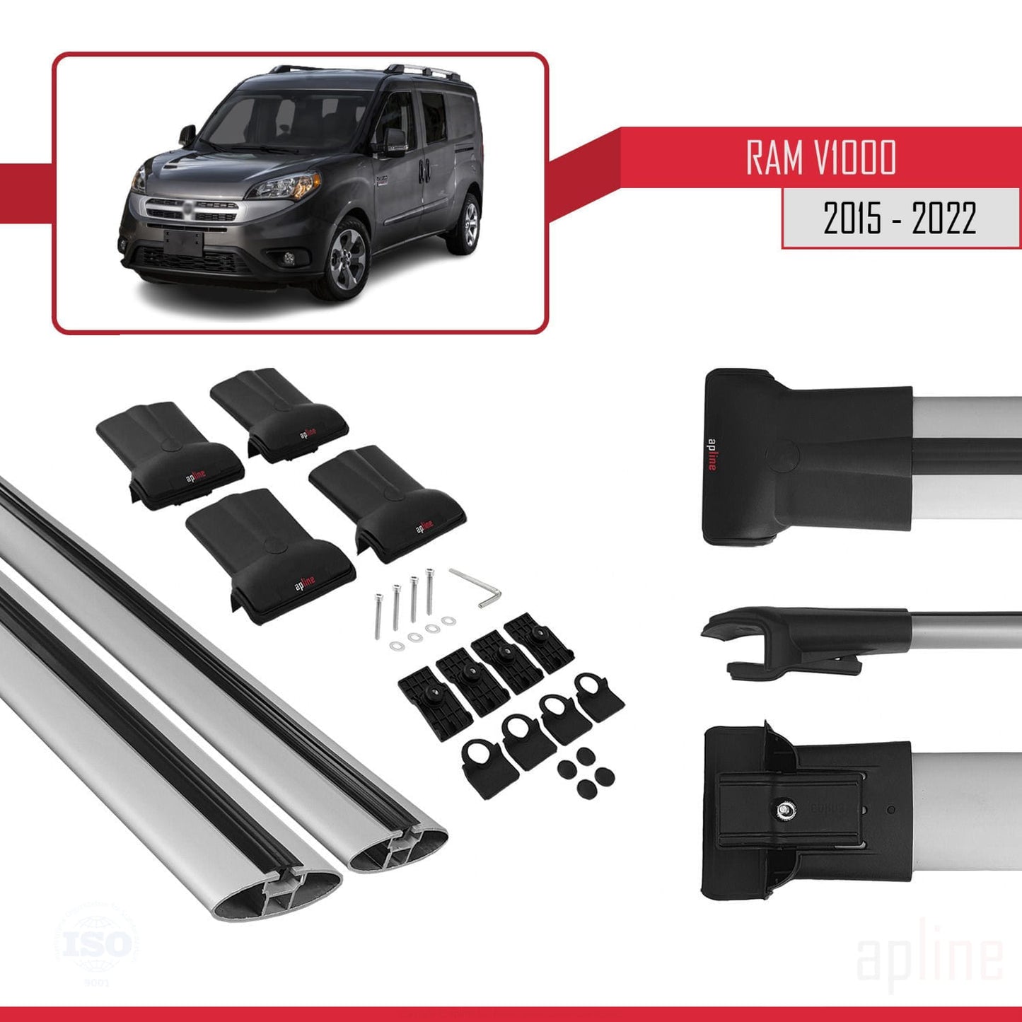 Compatible avec Ram V1000 2015-2022 FLY Model Barres de Toit Railing Porte-Bagages de Voiture Gris Aluminium 2 Barres