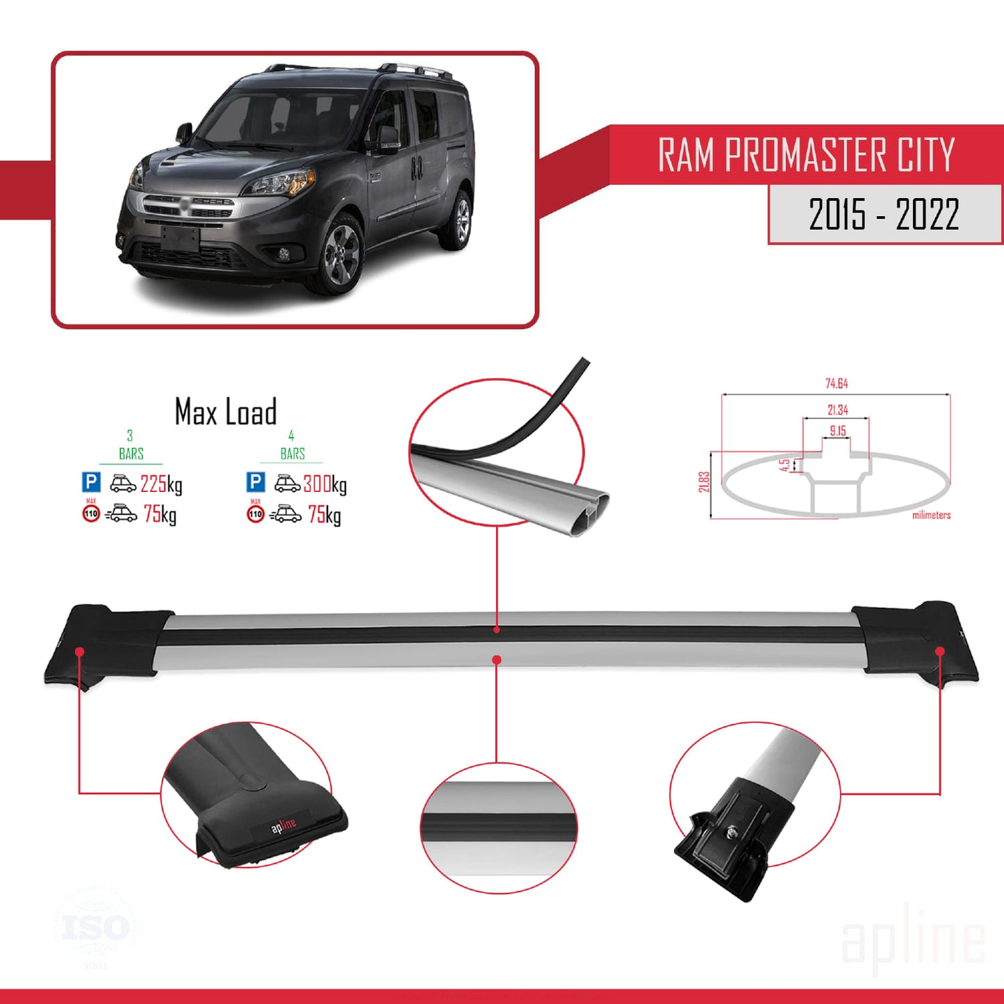 Compatible avec Ram Promaster City (636) 2015-2022 FLY Model Barres de Toit Railing Porte-Bagages de Voiture Gris Aluminium 3 Barres