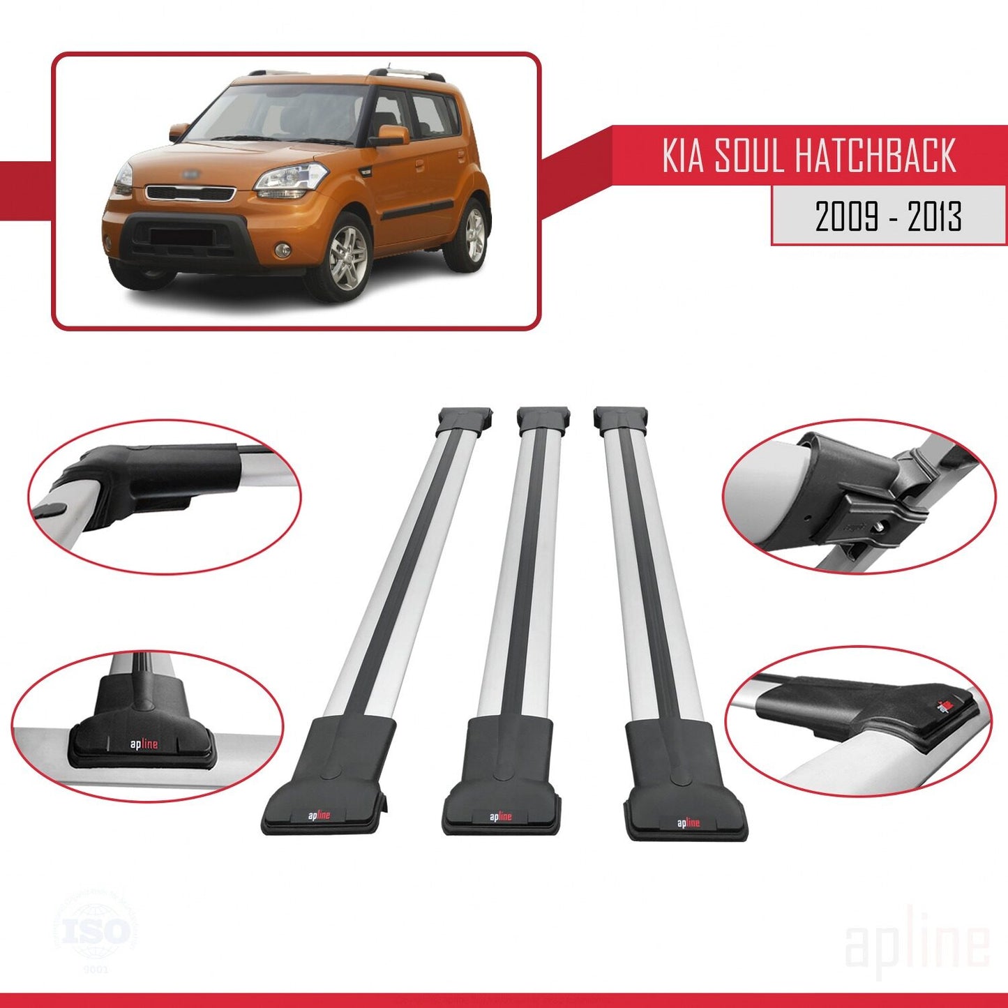 Compatible avec Kia Soul (AM) HB 2009-2013 FLY Model Barres de Toit Railing Porte-Bagages de Voiture Gris Aluminium 3 Barres