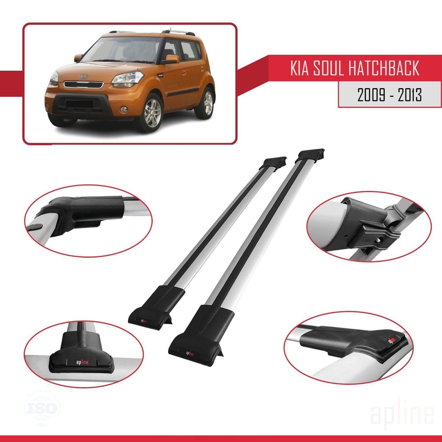 Compatible with Kia Soul (AM) HB 2009-2013 FLY Model Car Roof Rack Cross Bar Grey Aluminium 2 Bars