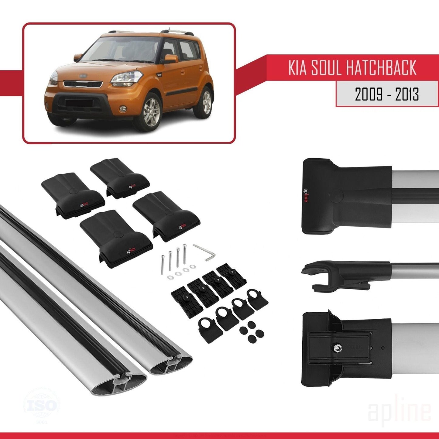Compatible with Kia Soul (AM) HB 2009-2013 FLY Model Car Roof Rack Cross Bar Grey Aluminium 2 Bars