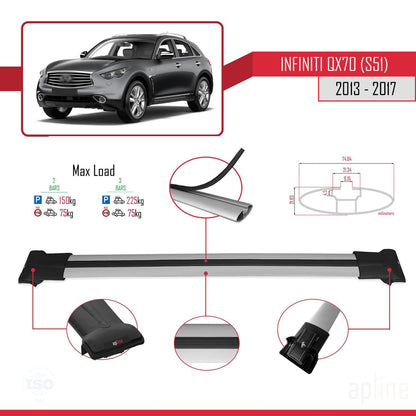 Compatible avec Infiniti QX70 (S51) 2013-2017 FLY Model Barres de Toit Railing Porte-Bagages de Voiture Gris Aluminium 2 Barres