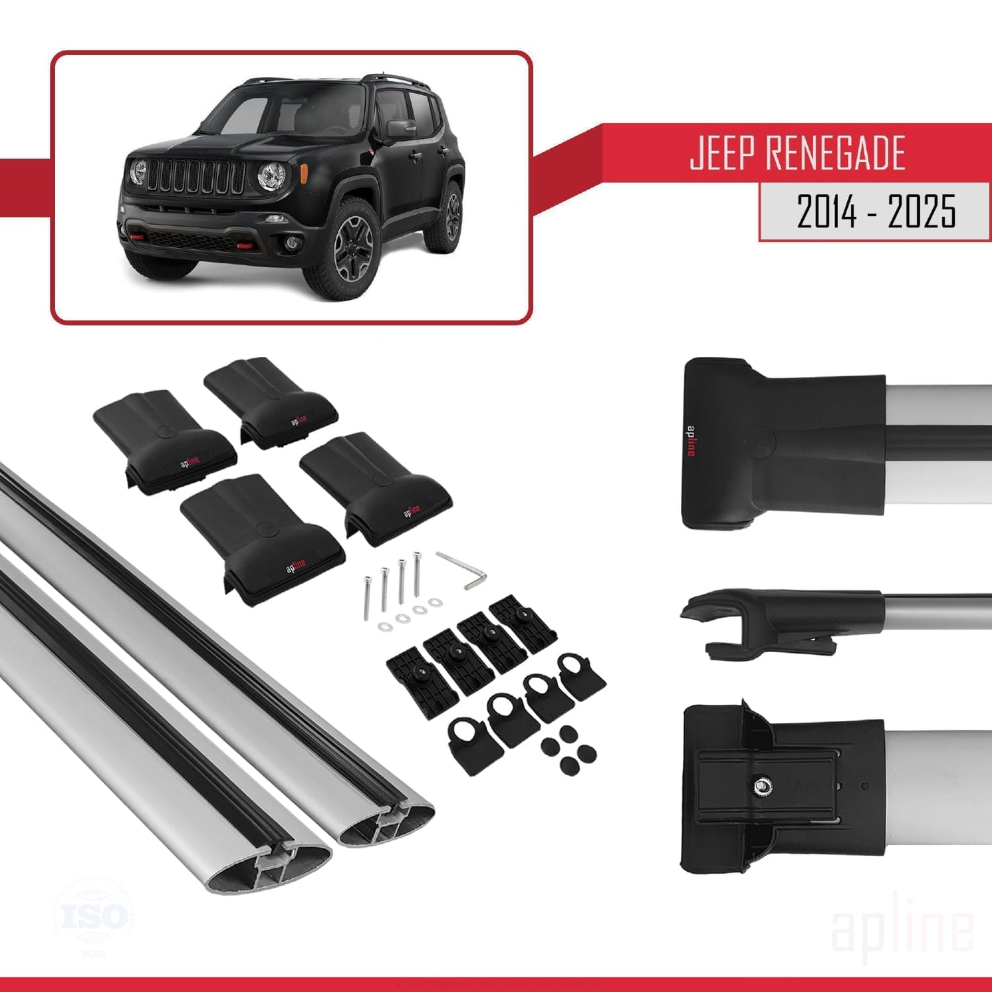 Compatible avec Jeep Renegade (BU) 2014-2025 FLY Model Barres de Toit Gris Aluminium 2 Barres