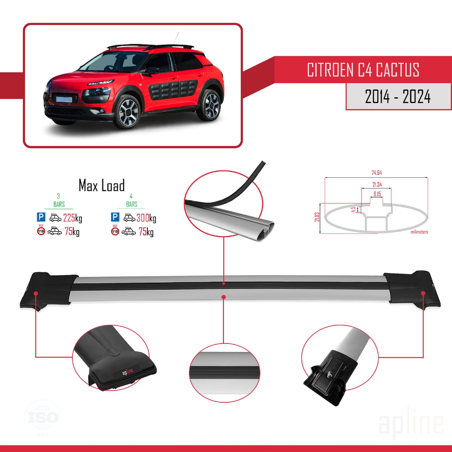 Compatible avec Citroen C4 Cactus 2014-2021 FLY Model Barres de Toit Railing Porte-Bagages de Voiture Gris Aluminium 3 Barres