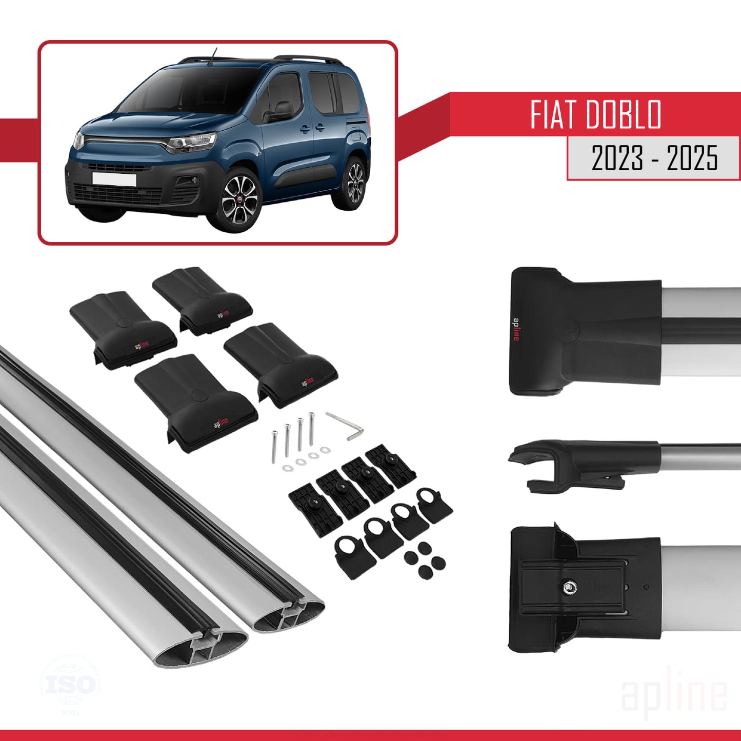 Compatible avec Fiat Doblo 3 2023-2025 FLY Model Barres de Toit Railing Porte-Bagages de Voiture Gris Aluminium 2 Barres