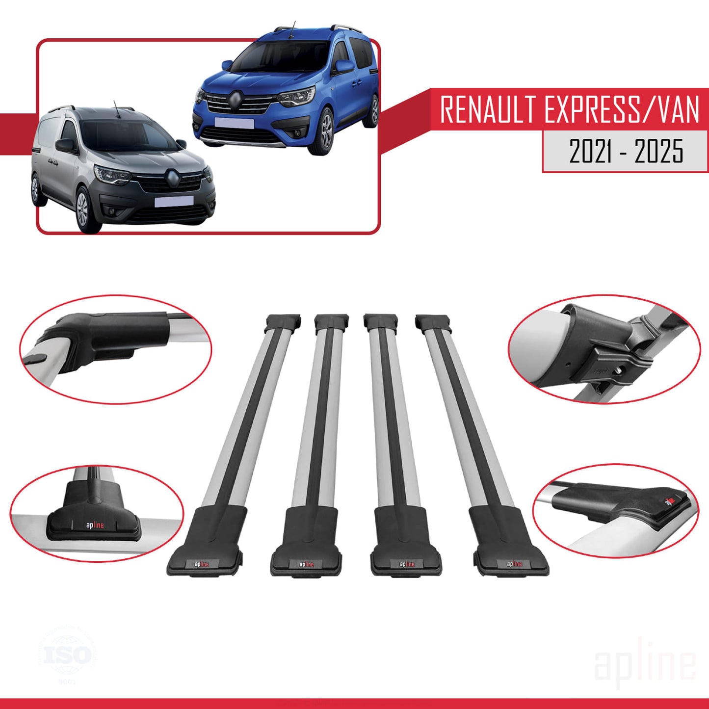 Compatible avec Renault Express 2021-2025 FLY Model Barres de Toit Railing Porte-Bagages de Voiture Gris Aluminium 4 Barres
