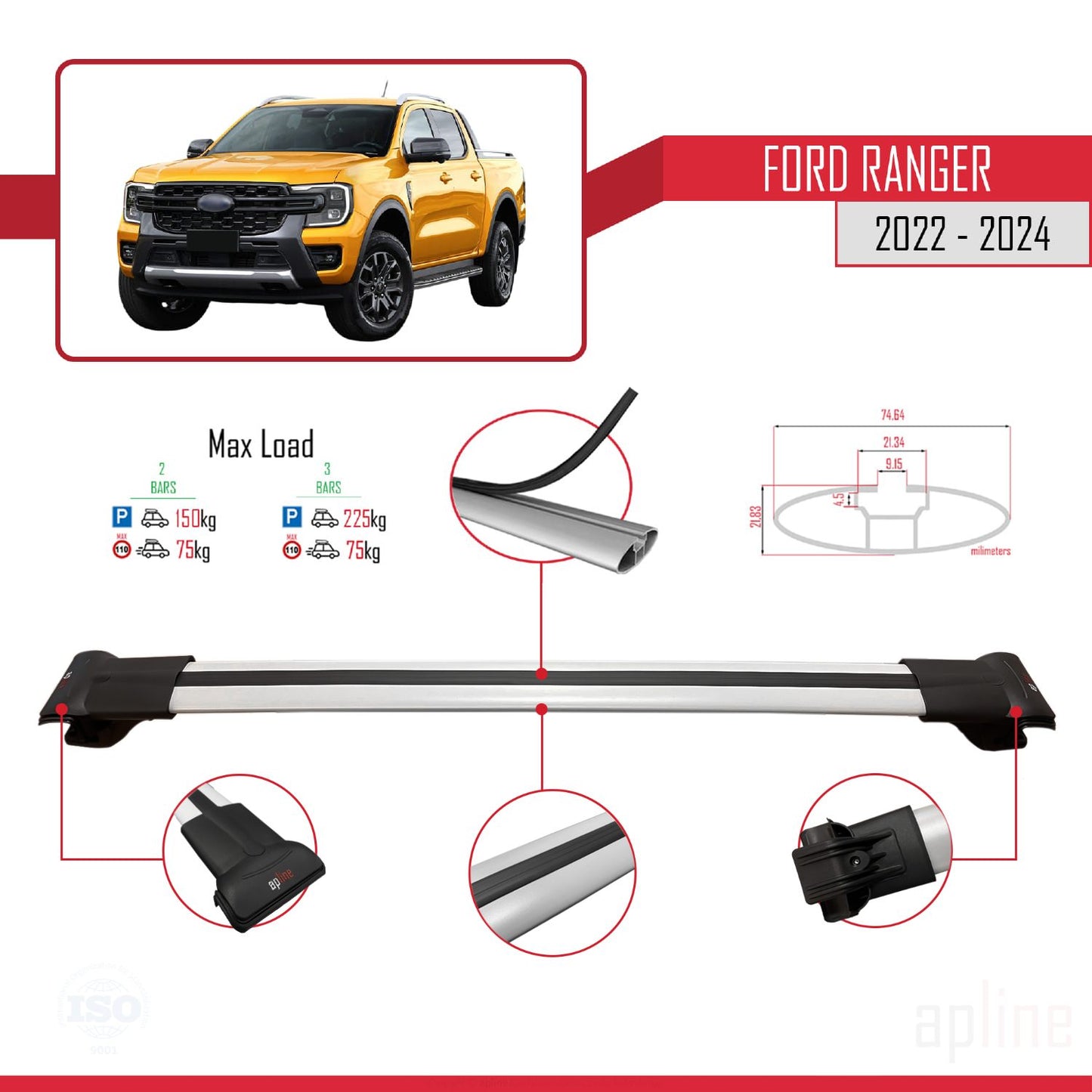 Compatible avec Ford Ranger (P703) 2022-2024 FLY Model Barres de Toit Railing Porte-Bagages de Voiture Gris Aluminium 3 Barres
