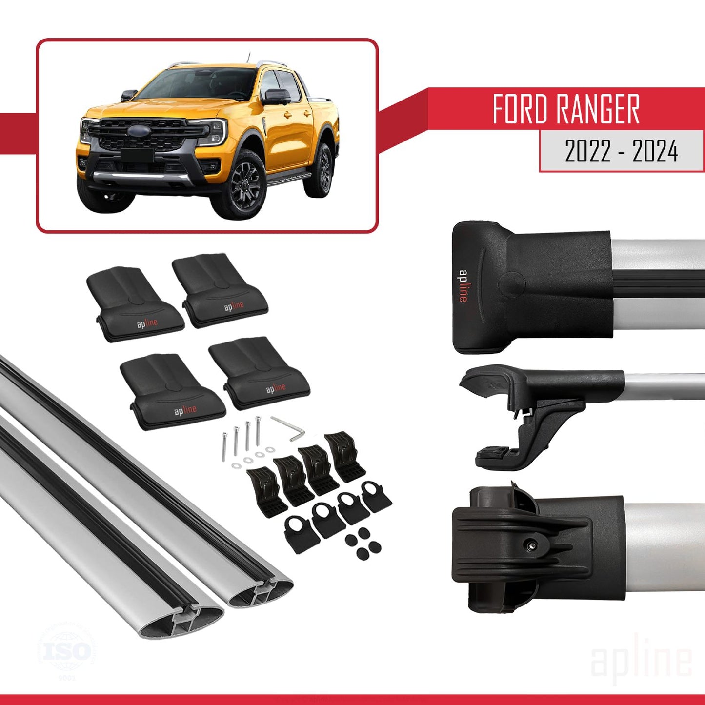 Compatible avec Ford Ranger (P703) 2022-2024 FLY Model Barres de Toit Railing Porte-Bagages de Voiture Gris Aluminium 2 Barres