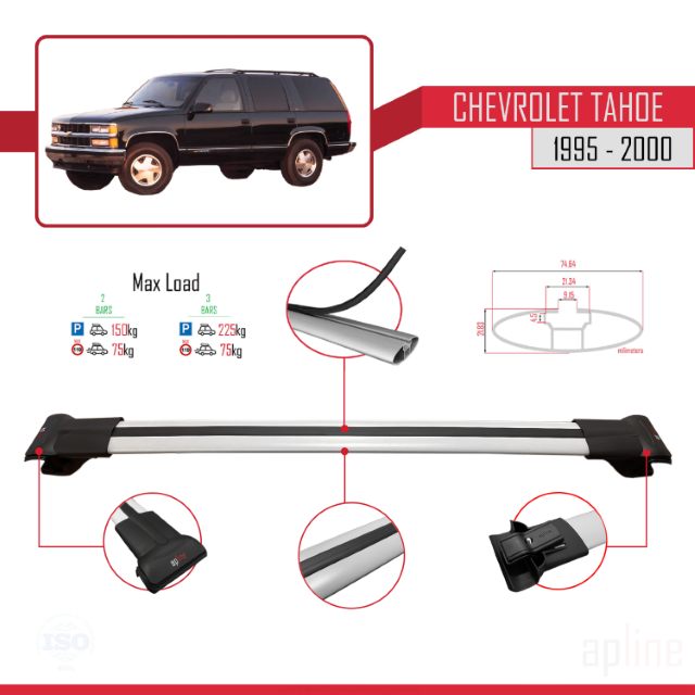 Compatible avec Chevrolet Tahoe 1995-2000 FLY Model Barres de Toit Railing Porte-Bagages de Voiture Gris Aluminium 4 Barres